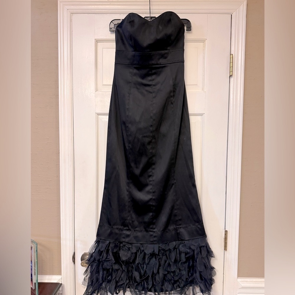 Phoebe Couture Black Evening Dress with Feathered Hemline